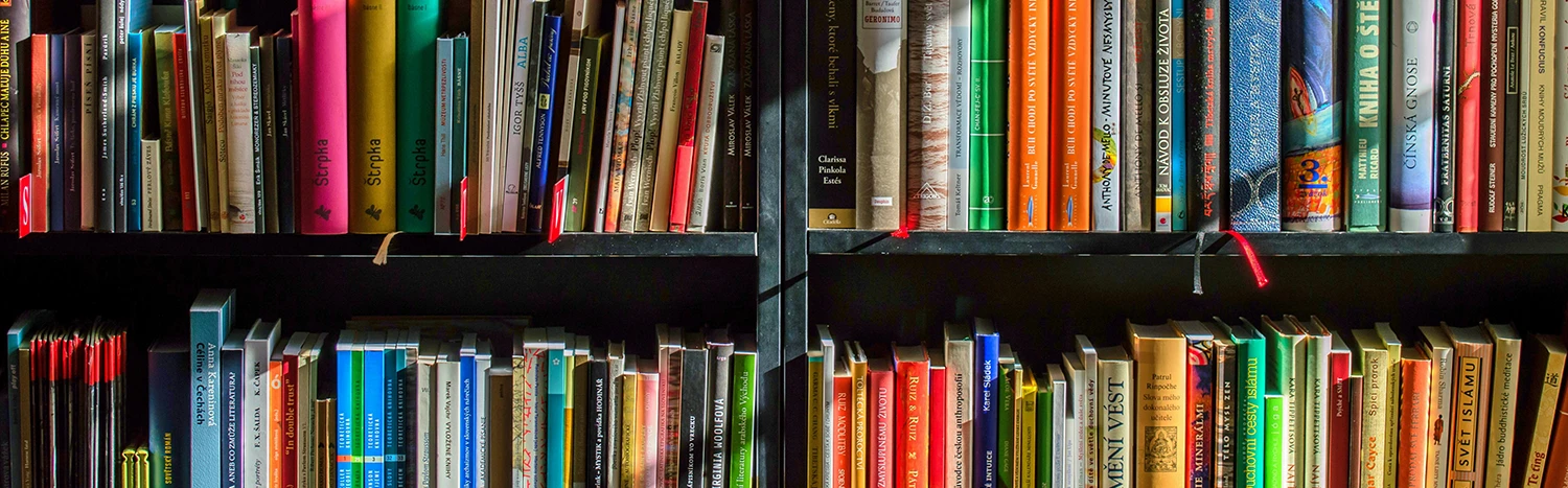 selection of books stacked vertically on library shelves